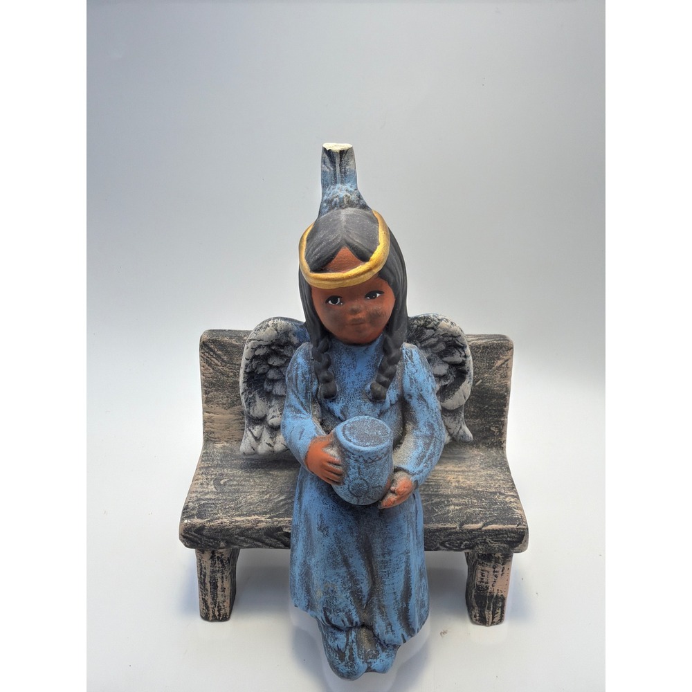 Vintage Indigenous Angel Girl Seated on Bench Ceramic Figurine Blue Gold 6.5"
